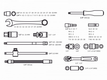 Набор головок и ключей 82пр. TREK (1/4", 1/2", 6 граней)