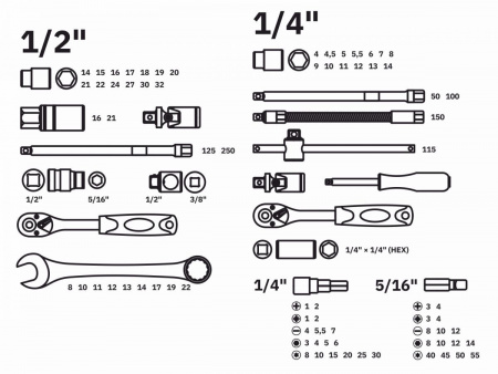 Набор головок и ключей 82пр. ВОЛАТ (1/4", 1/2", 6 граней)