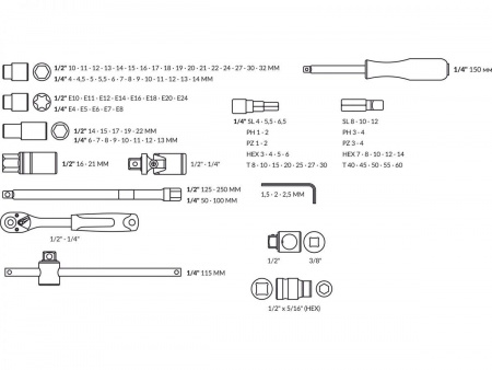 Набор головок и бит 108пр. TREK (1/4", 1/2", 6 граней)